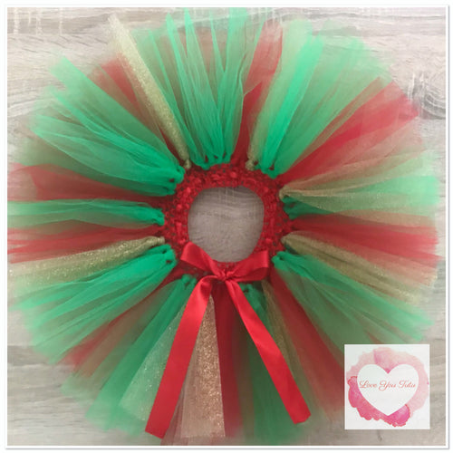 Red, green & gold glitter short Tutu skirt