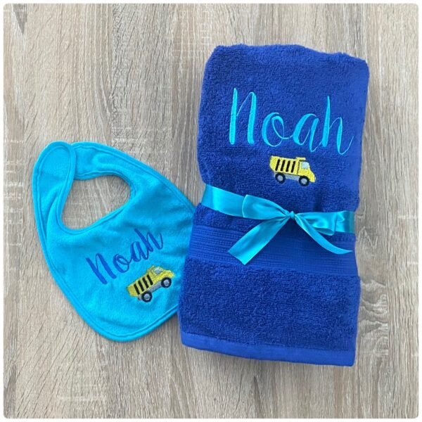 Embroidered personalised towel and bib set