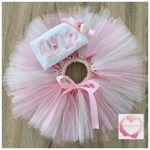Embroidered pink one floral tutu set