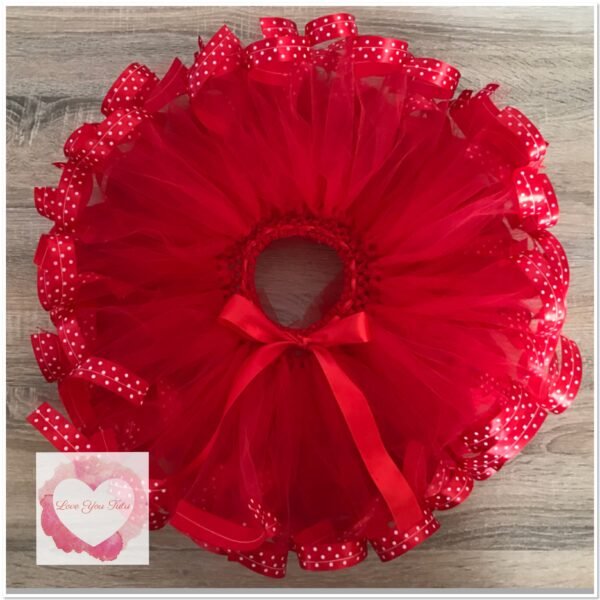 Red with white polka dots Ribbon trimmed short Tutu skirt