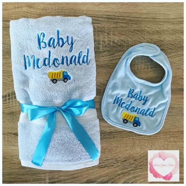 Embroidered personalised towel and bib set - Image 4