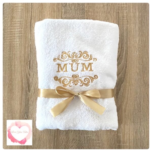 Embroidered white & gold mum towel- ready to ship