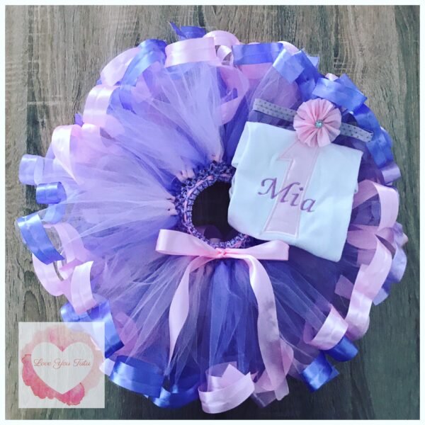 Embroidered Ribbon trimmed birthday tutu set