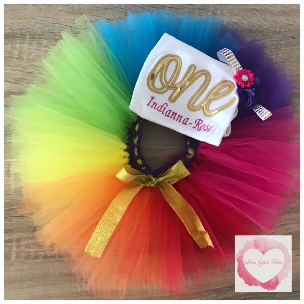 Embroidered one rainbow tutu set