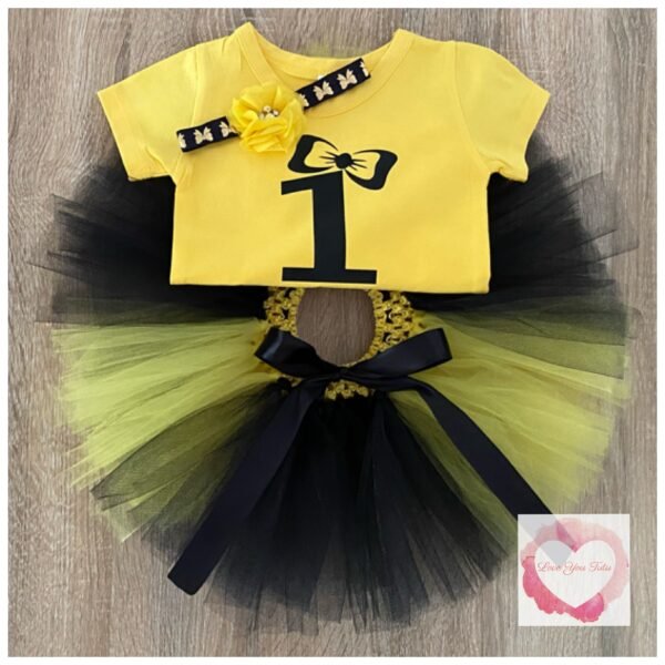 Yellow & black 1st birthday bow tutu set size 1- ready to ship