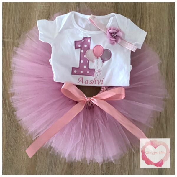 Embroidered dusty pink 1st birthday balloon tutu set
