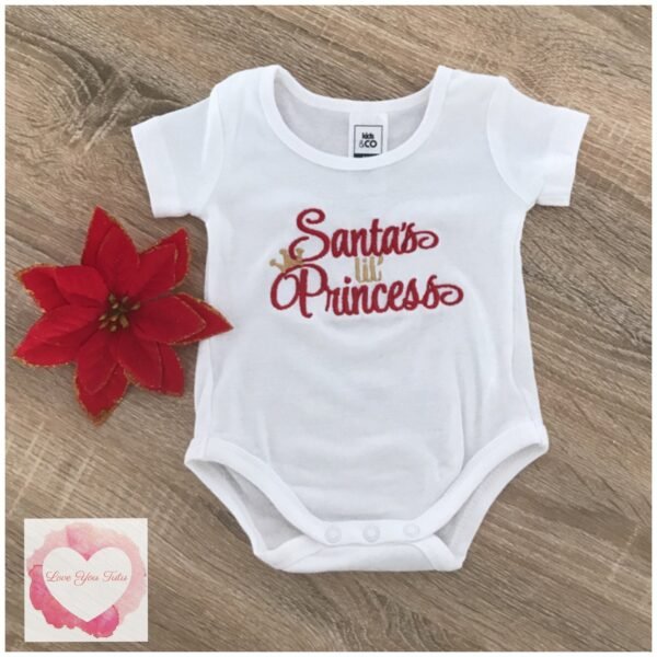 Santa’s Princess Embroidered design size 0 onesie left