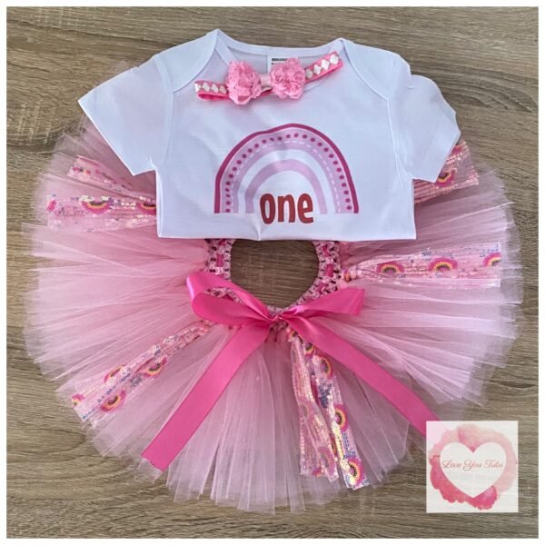 Pink rainbow 1st birthday tutu set size 0- ready to ship