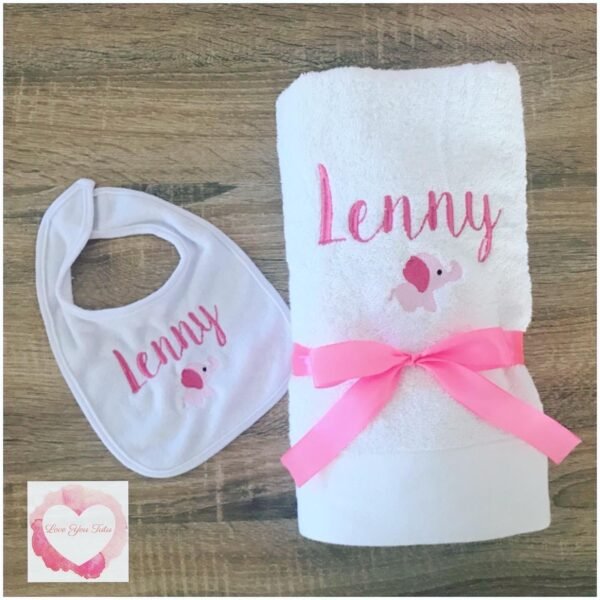 Embroidered personalised towel and bib set - Image 3