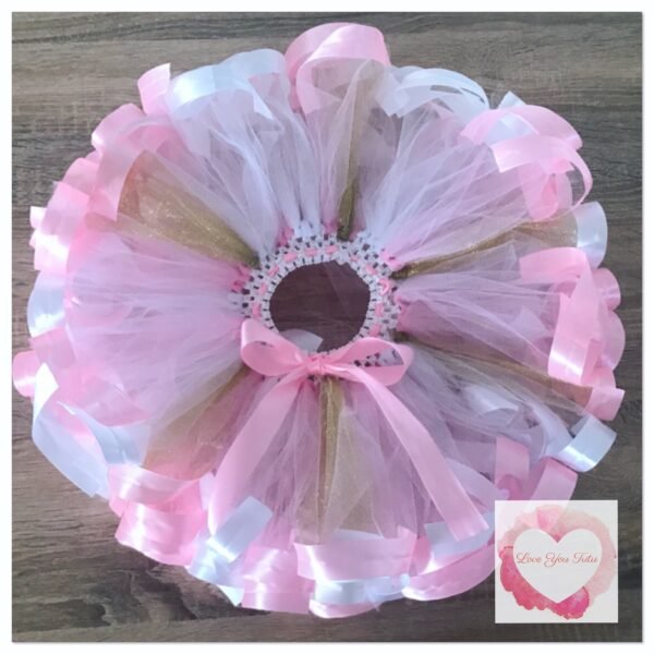 White, pink and gold glitter ribbon trimmed short tutu skirt